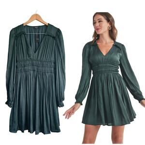 NEW RESET Green Plisse Satin Mini Dress Medium Balloon Sleeve V-neck
